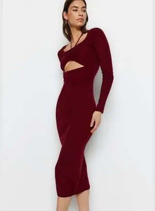 Claret Red Midi Knitwear Window Cut/Out Dress TWOAW22EL0547