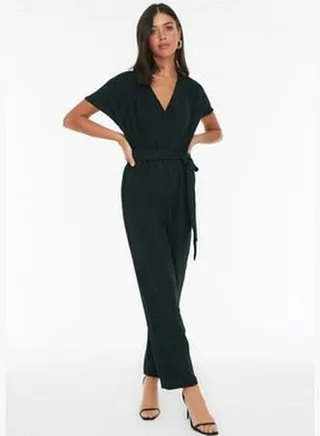 Black Belted Maxi Overalls, Woven Double Breasted Collar TWOSS21TU0112