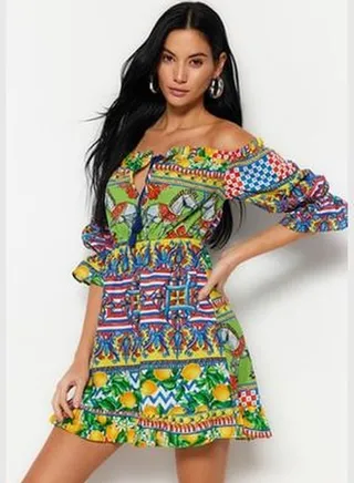 Tile Patterned Mini Weave and Ruffled 100% Cotton Beach Dress TBESS23EL00316