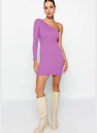 Purple Ribbed One-Shoulder Fitted/Slee-fitting Ribbed Flexible Mini Knit Dress TWOAW24EL00181.
