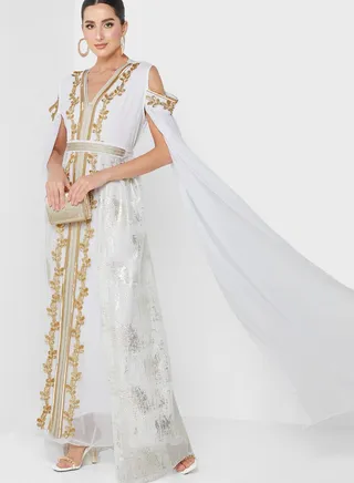 Split Sleeve Embellished Belted Dress