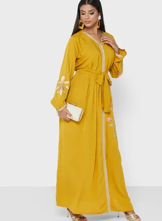 Floral Embroidered Belted Embroidered Dress