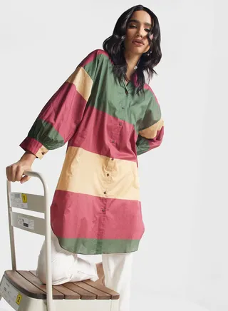 Color Block Sleeve Button Down Shirt Kurti
