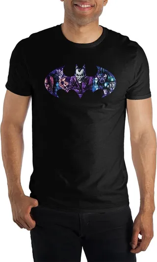 DC Comics Batman Joker and Villians Bat Specialty Soft Hand Print Men's Black Tee Shirt T-Shirt-5XL