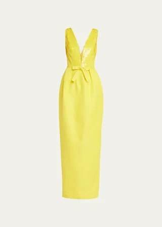 Faille Sequin Deep V-Neck Gown with Bow Detail