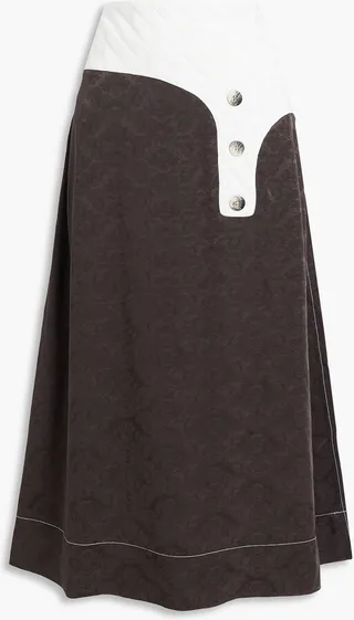 Button-embellished two-tone satin-jacquard midi skirt