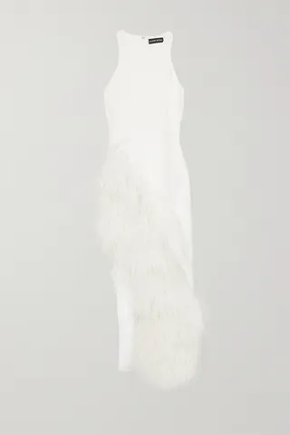 David Koma - Asymmetric Feather-trimmed Cady Midi Dress - White
