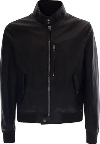 Black High Neck Jacket With Zip In Leather Man