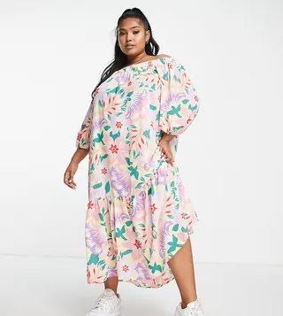 ASOS DESIGN Curve off-shoulder trapeze maxi dress with pephem in floral print