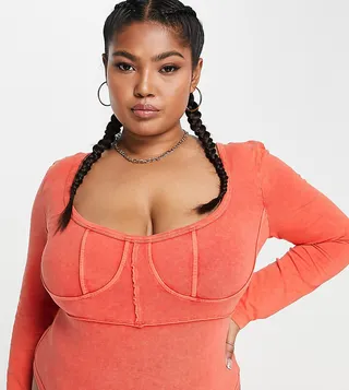 ASOS DESIGN Curve washed long sleeve seamed bodysuit in red