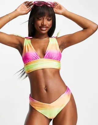 ASOS DESIGN ruched gathered deep high leg hipster bikini bottoms in ombre