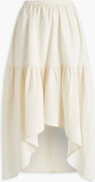Jolita asymmetric stretch-cotton cloqué midi skirt