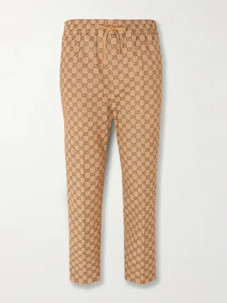 Beige Tapered Cropped Logo-Jacquard Cotton-Blend Suit Trousers