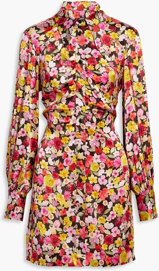 Ruched floral-print silk-blend satin mini shirt dress