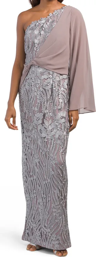 Amari One Shoulder Embroidered Gown With Chiffon Sleeve