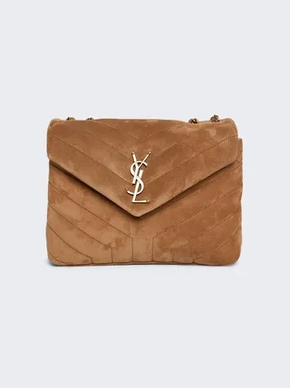 Loulou Small Chain Shoulder Bag in "Y"-Quilted Suede Cinnamon