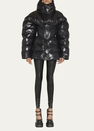 Padded Corset Belt Jacket with Detachable Hood