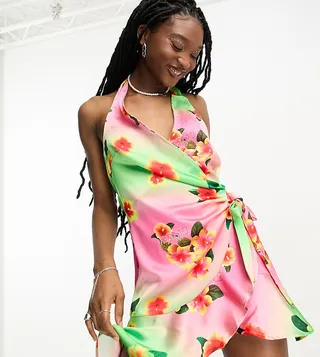 COLLUSION tropical print wrap halter mini dress in multi