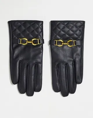 ASOS DESIGN leather gloves with gold hardware in black