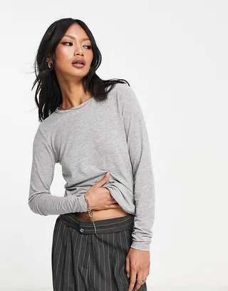ASOS DESIGN fine knit long sleeve crew neck top in gray heather