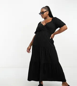 ASOS DESIGN Curve short sleeve wrap tiered midi dress in black