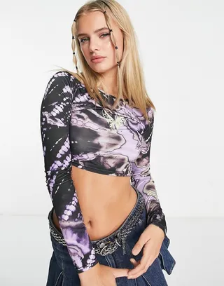 Daisy Street long sleeve grunge crop top in tie-dye with butterfly print