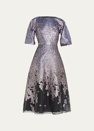 Puff-Sleeve Jacquard Cocktail Dress