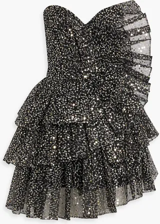 Strapless ruffled sequined tulle mini dress