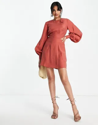 ASOS DESIGN blouson sleeve mini dress with open back in washed textured fabric