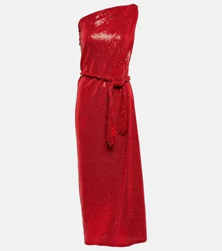 Embellished one-shoulder midi dress