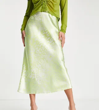 ASOS DESIGN Petite satin midi slip skirt in yellow leopard print