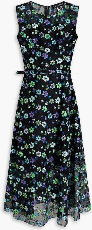 Belted embroidered organza midi dress