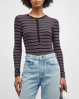 Long-Sleeve Striped Henley Bodysuit