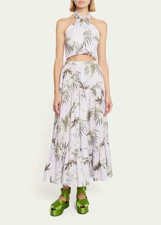 Palm-Print Crossover Halter Crop Top