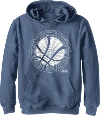 Boy's Marvel Doctor Strange in the Multiverse of Madness White Sanctum Sanctorum Logo Pull Over Hoodie - Navy Blue Heather - Large