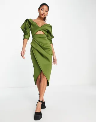 ASOS DESIGN puff sleeve wrapped skirt midi dress in olive