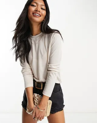 ASOS DESIGN light weight marled boxy long sleeve top in oatmeal heather