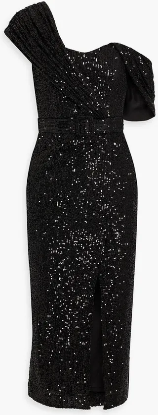 One-shoulder draped sequined tulle midi dress