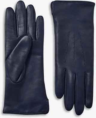 Womens Navy Cashmere and Wool-blend Lined Leather Gloves