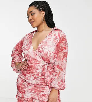 ASOS DESIGN Curve soft wrap mini dress with balloon sleeves in floral print
