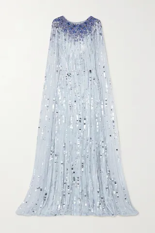 Jenny Packham - Cape-effect Embellished Tulle Gown - Blue