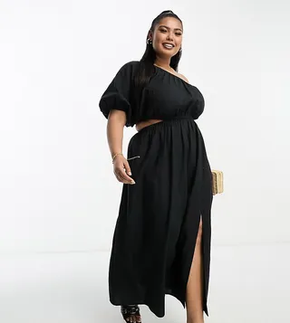 ASOS DESIGN Curve linen one shoulder midi dress in black