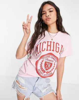 Miss Selfridge oversized graphic front print Michigan t-shirt in pink