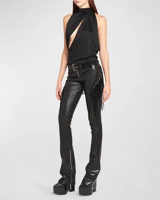 Low-Rise Fringe Leather Bootcut-Leg Zip-Hem Pants
