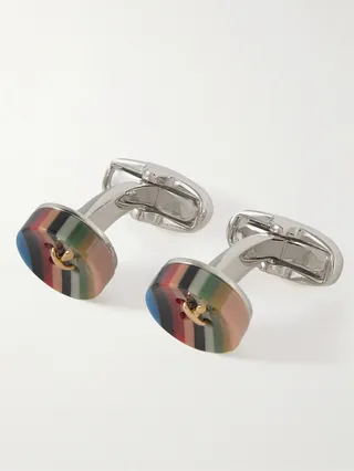 Button Silver- and Gold-Tone and Striped Enamel Cufflinks