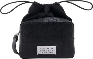 Leather shoulder bag with frontal logo patch