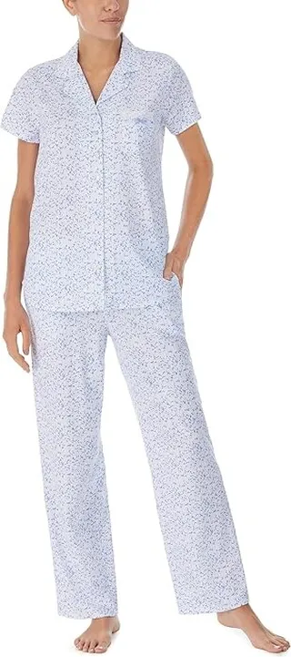 Eileen West Cap Sleeve Long Pants PJ Set (White Ground Leaves) Women's Pajama Sets