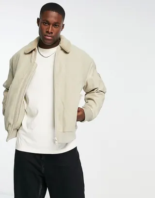 ASOS DESIGN oversized wool look bomber jacket with faux leather sleeves in beige