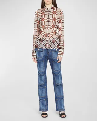 Printed Button-Front Gathered Shirt