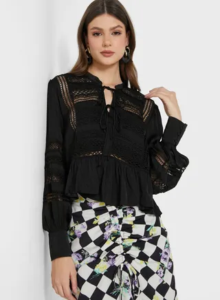 Lace Insert Tie Neck Top